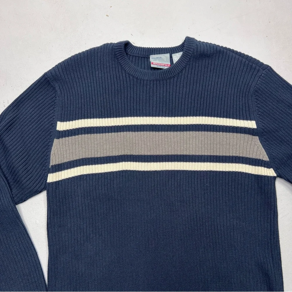 Aeropostale Men’s Vintage Y2K Slim Fit Navy Crème/Gray Stripe Pullover Sweater